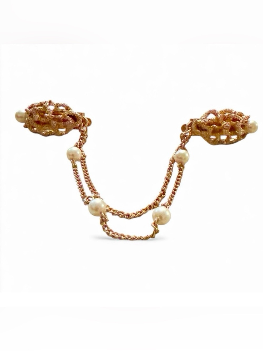 1950’s‎ Vintage Gold Double Chain Sweater Clip with Pearl Accents, 7” Long